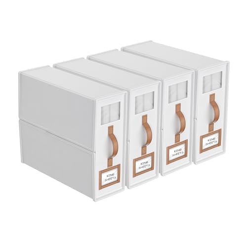 4 Pack Foldable Bed Sheets Set Organizers and Storage(King & Queen Size),Linen Fabric Closet Organizers with Window,Folding Bedding Storage Box for Bedsheets and Pillow Cube Organizer-White - color: White, size: 4 Pack-King Size-3.7 Gal