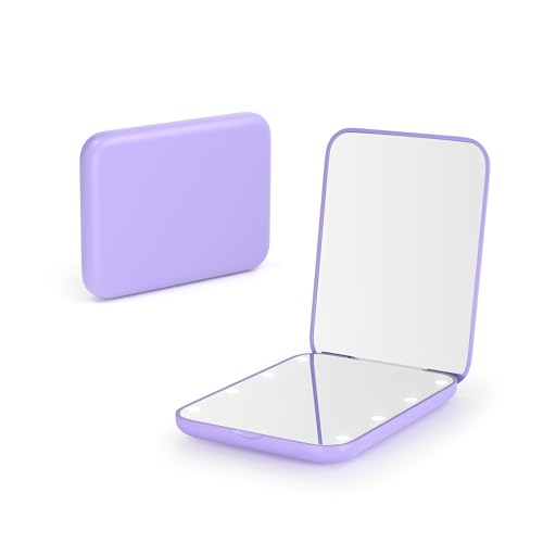 Kintion Pocket Mirror, 1X/3X Magnification LED Compact Travel Makeup Mirror with Light for Purse, 2-Sided, Portable, Folding, Handheld, Small Lighted Mirror for Gift, Purple - color: Purple