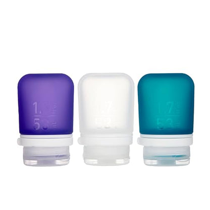 humangear GoToob+ Bottles - Silicone Leak-Proof Travel Tubes for Toiletries, Camping & TSA Carry-On (3-Pack), Small (1.7 fl oz; 53ml), Clear/Purple/Teal - color: Purple/Clear/Teal, size: 1.7 Ounces