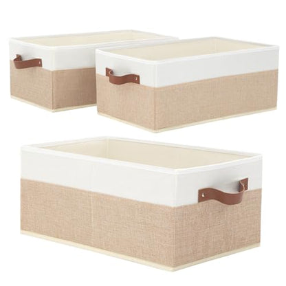 Closet Organizer Bins 3 Pack, Large Storage Bins for Shelves, Foldable Closet Storage Boxes Baskets with Leather Handles for Organizing Clothes, Sheets, Jeans, Toys, Books（Begie） - style: 3 Pack Begie & White