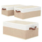 Closet Organizer Bins 3 Pack, Large Storage Bins for Shelves, Foldable Closet Storage Boxes Baskets with Leather Handles for Organizing Clothes, Sheets, Jeans, Toys, Books（Begie） - style: 3 Pack Begie & White