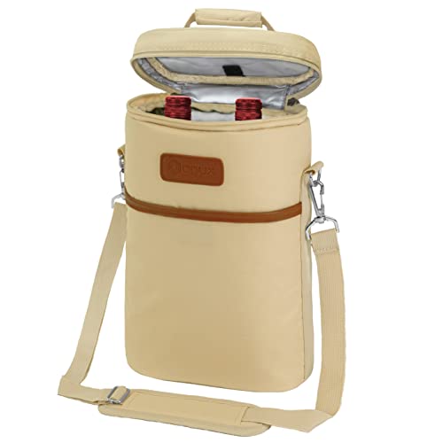 opux 2 Bottle Wine Carrier Tote, Insulated Leakproof Wine Cooler Bag, Wine Travel Bag Tote for Picnic Beach, Portable Wine Bottle Carrying Case, Gift for Wine Lover Women Men Christmas, Cream Beige - color: Cream Beige