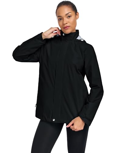 Hount Womens Waterproof Raincoat Lightweight Packable Striped Lined Rain Jacket Casual Travel Outdoor Hooded Jakctes - color: Black, size: XX-Large