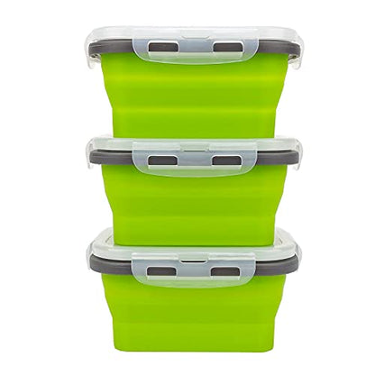 CCyanzi 3piece Collapsible Food Storage Containers with Lids, Silicone Lunch Container, Microwave & Freezer Safe, Space Saving for Kitchen Cabinet and Camping Backpack,(green gray) - color: green with gray