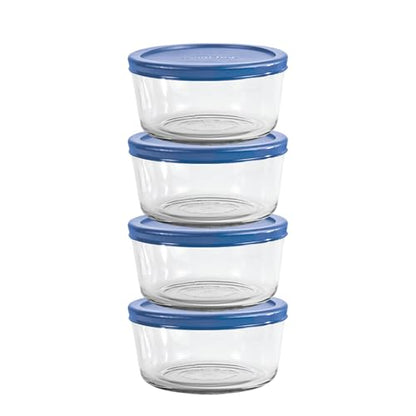 Anchor Hocking 2 Cup Glass Storage Containers with Lids, Set of 4 Glass Food Storage Containers with Blueberry SnugFit Lids