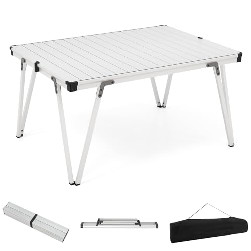 COSTWAY Folding Low Picnic Table, Portable Camping Table with Storage Bag, Lightweight Aluminum Foldable Roll-Up Table 3FT, Outdoor Camp Table for Party, Tailgating, Beach & Backyard (Silver) - color: Silver