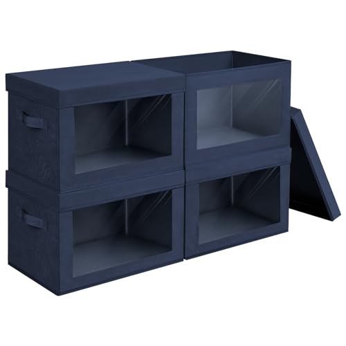 Homsorout Organizing Bins with Lid - 4 Pack Foldable Clear Window Storage Bins, Large Storage Boxes with Handles, Storage Containers for Clothes, Towel, Blanket, Sheet, Navy Blue - color: Dark Blue, size: L(4-Pack)