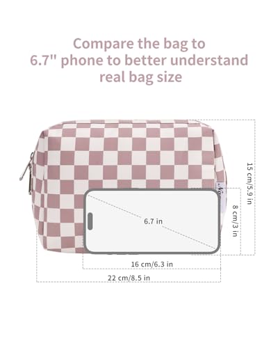 Narwey Checkered Makeup Bag Pink Travel Cosmetic Bag Organizer Toiletry Bag Make Up Bags with Compartments for Women Girls (Large, Dusty Rose Checkerboard) - color: YB-Dusty Rose Checkerboard, style: Large