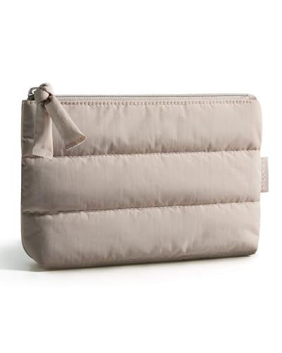 BAGSMART Small Makeup Bag, Puffy Portable Cosmetic Pouch with Charm Zipper, Water-Resistant Travel Organizer for Women (Camel, Small) - color: 02-Camel, size: Small
