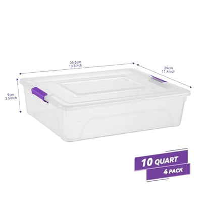 Clear Plastic Storage Bins with Lids Stackable Storage Box for Crafts, Supplies (Large 4Pack Purple) - size: Large 4Pack Purple