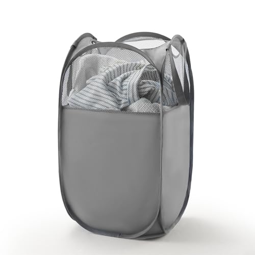 TECHMILLY Pop Up Foldable Laundry Basket, Mesh Laundry Hamper with Reinforced Handles for Dirty Clothes Storage in Dorm, Laundry Room, Bathroom, Grey(Fabric) - color: Grey(fabric), size: 1 Pack