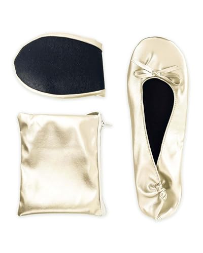 Stylish Foldable Ballet Flats for Women Portable Roll Up Travel Shoes for Wedding Bridesmaid Includes Carrying Pouch - color: Champagne, size: Medium