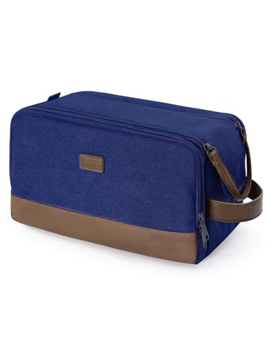 WANDF Toiletry Bag for Men Travel Toiletry Organizer Canvas and Leather Dopp Kit Water-Resistant Shaving Bag for Travel Accessories (Blue, Large) - color: L, Blue, size: Large