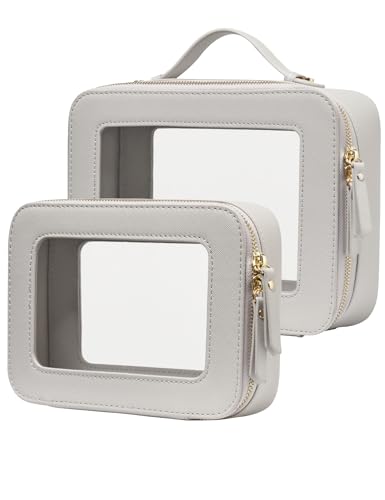 Popvibe Clear Makeup Bag Travel Cosmetic Case Transparent Toiletry Bag with Zipper, Portable Make Up Organizer Traveling Compact Car Bag for Essentials - color: Beige Grey, style: Dual Elegance