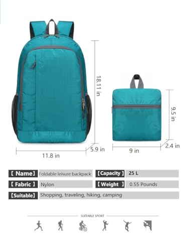 Ultra Lightweight-Packable-Hiking-Backpack Foldable Travel Camping Daypack Casual Outdoor Water-resistant 25L Backpacks (Lake Blue) - color: Lake Blue