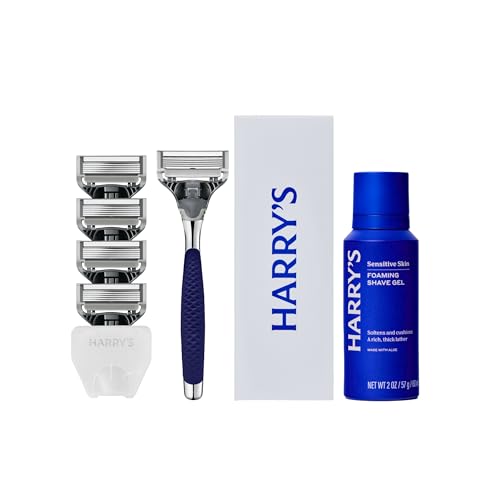 Harry's Original Shaving Kit for Men - Razor Handle, 5 Razor Blade Refills, Foaming Shave Gel, Travel Blade Cover - TSA Approved Travel Essentials - German Engineered - Chrome Edition - style: Chrome