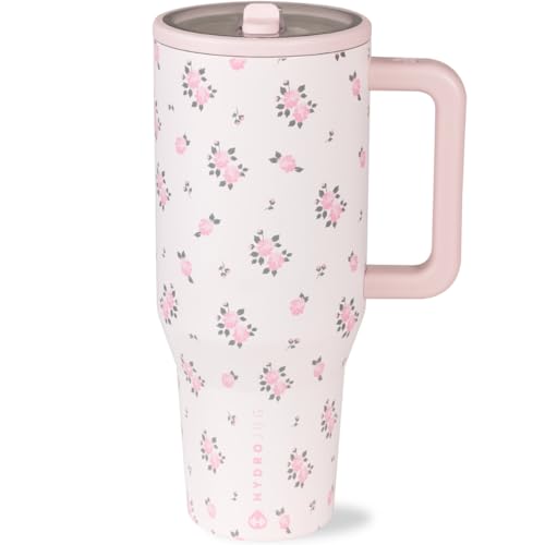 HydroJug Traveler - 40 oz Water Bottle with Handle & Flip Straw - Fits in Cup Holder, Leak Resistant Tumbler-Reusable Insulated Stainless Steel & Rubber Base - Gifts for Women & Men, Wildrose - color: Wildrose, size: 40oz