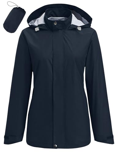 Hount Womens Waterproof Raincoat Lightweight Packable Striped Lined Rain Jacket Casual Travel Outdoor Hooded Jakctes - color: Navy Blue, size: X-Large