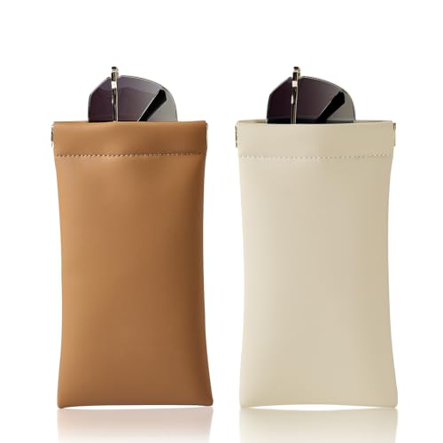 Squeeze Top Sunglass Case, New Organosilicon Soft PU Leather Eyeglass Glass Case Travel Large Sunglasses Pouch - color: Brown+beige