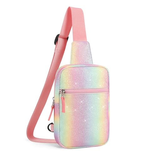 Birthday Gifts for 8 9 10 11 12 Year Old Teens Girls Kids, Fanny Pack Crossbody Bag Sling Belt Bags Purse, Dorm Travel Essentials for Girls Fashion, Preppy Tween Teen Girl Gift Trendy Stuff - color: Glitter Rainbow Pink