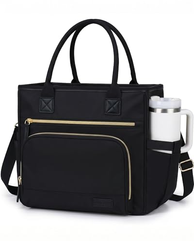 HOMESPON Insulated Lunch Bag Women Wide Opening Adult Lunch Box Large Leakproof Cooler Bag for Work Picnic Beach Family College Lunch Teacher Tote Bag with Adjustable Shoulder Strap Cup Holder(Black) - color: Black