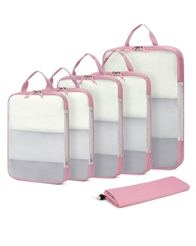 ECOHUB 6 Set Compression Packing Cubes, Gifts for Women Mom, Lightweight Vacation Travel Essentials Accessories for Suitcase Luggage Organizer Bags Set with YKK Zippers Shoe Bag, Pink - color: Pink