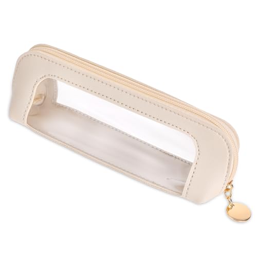Psyqtsuary Small Clear Makeup Bag, PU Leather Travel Makeup Brush Case Portable Transparent Waterproof Cosmetic Organizer Pouch with Zipper for Women Home Travel Office Cosmetic Storage (Beige) - color: White