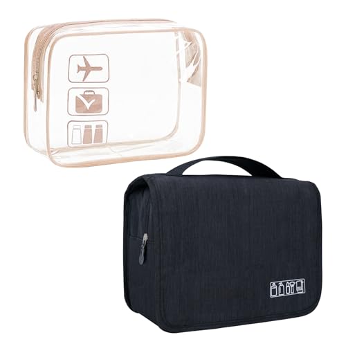 Lcsmaokin Large Capacity Toiletry Bag Travel Bag with Hanging Hook for Men and Women Waterproof Travel Cosmetic Bag Bathroom Bag,with TSA Approved Zippers Clear Travel Makeup Bag Carry-on - color: A-Black+Clear Rose Gold