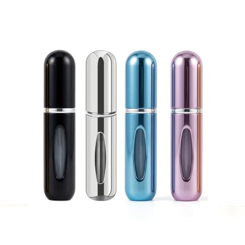 Travel Refillable Perfume Atomisers,4Pcs 5ml Mini Perfume Bottle,Mini Travel Size Perfume Bottle for Women Men Small Mister Spray Bottle, for Travel and Outgoing - color: Bright Blue/Bright Purple/Bright Black/Bright Silver