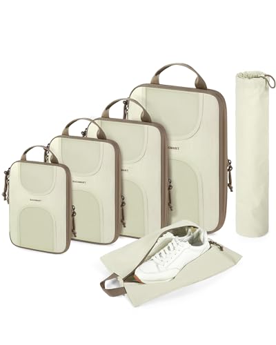 BAGSMART Compression Packing Cubes, 6 Set Packing Cubes for Suitcases, Lightweight Suitcases Organizers Bag Set & Compression Travel Cubes, Travel Essentials Packing Organizers - color: 02-White Opal