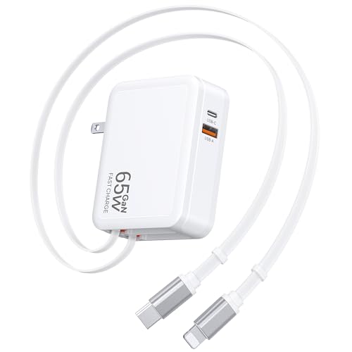 Retractable USB C Charger Wall Plug with USB C & Apple Cable,65W Fast Charging Foldable Block Multi Charger,Travel Essentials Brick Multiport for Mac Book Pro/Air,iPhone 17/16/15,iPad,Galaxy(1Pack) - color: White-65W