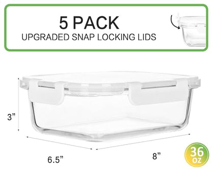 [5-Packs, 36 Oz.] Glass Meal Prep Containers with Locking Lids Glass Food Containers,Airtight Lunch Container,Microwave, Oven, Freezer and Dishwasher (4.5 Cup, White) - color: White