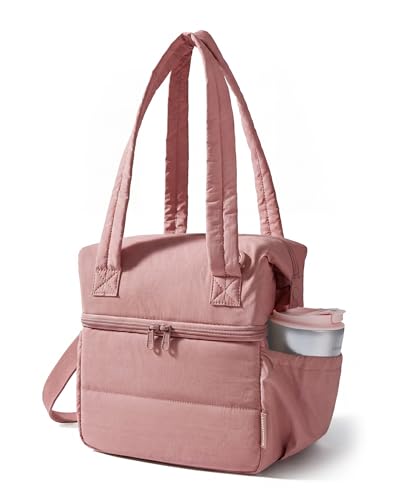 BAGSMART Double Deck Lunch Bag Women, Insulated Reusable Lunch Box, Quilted Puffer Lunch Tote with Shoulder Strap, Durable Large Lunch Cooler For Work Picnic Travel Meal Prep Flight, Nude Pink - color: Nude Pink