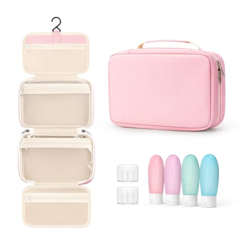Toiletry bag for women with travel size containers set, hanging toiletry bag for full Size toiletries, Skincare, Shampoo, Makeup Cosmetic Bag Travel Organizer, Water-resistant toiletry bag - color: Pink
