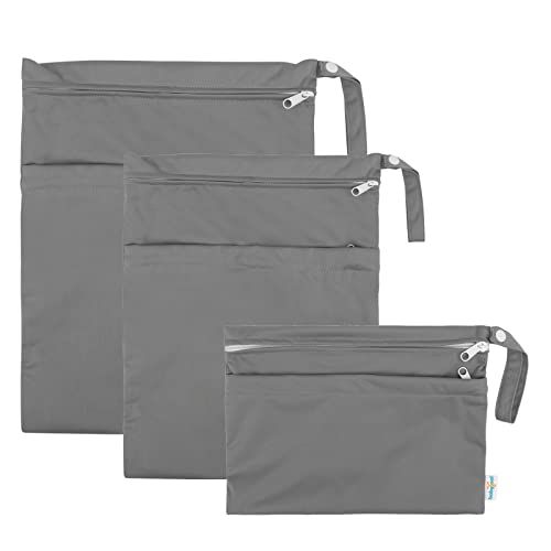 babygoal Wet Dry Bags for Baby Cloth Diapers, Washable Travel Bags, Beach, Pool, Gym Bag for Swimsuits & Wet Clothes with Two Zippered Pockets 3 Pack(S,M,L), 3SML01 - color: Grey