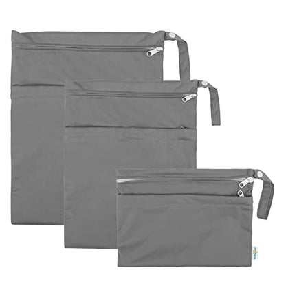 babygoal Wet Dry Bags for Baby Cloth Diapers, Washable Travel Bags, Beach, Pool, Gym Bag for Swimsuits & Wet Clothes with Two Zippered Pockets 3 Pack(S,M,L), 3SML01 - color: Grey