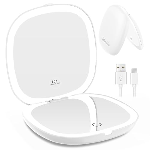 WOBSION Rechargeable Lighted Travel Makeup Mirror,1x/10x Compact Magnifying Mirror with Lights,Portable for Bag,4inch,Gift,White - color: White