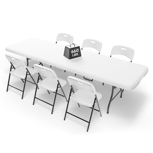 8FT Folding Table Set with 6 Chairs – Heavy-Duty 660 lb Table & 600 lb Chairs, Portable Foldable Furniture Set for Camping, Parties, Indoor & Outdoor Use - color: White Table & Chairs, size: 8ft, style: 6 chairs