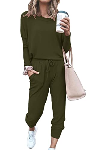 PRETTYGARDEN Women Fall 2 Piece Lounge Outfit Long Sleeve Tops High Waisted Jogger Pants Set Spring Travel Clothes Tracksuit - color: Army Green, size: Small