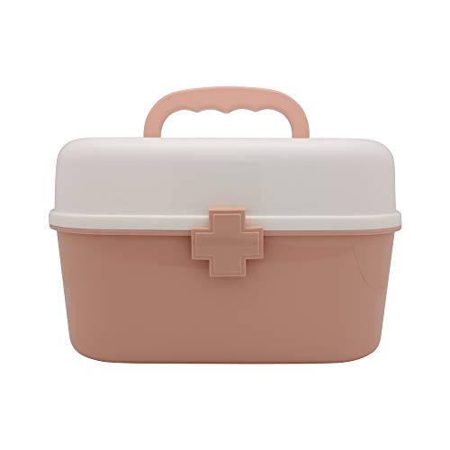 Plastic First Aid Storage Box Container Bin with Removable Tray and Portable Handle, Family Emergency Medicine Kit Case Organizer, White&Pink - color: white&pink