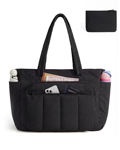 BAGSMART Tote Bag for Women, 2 Set Tote Bag with Zipper, Quilted Nurse Handbags for Work Travel College | 20L Capacity - color: Black