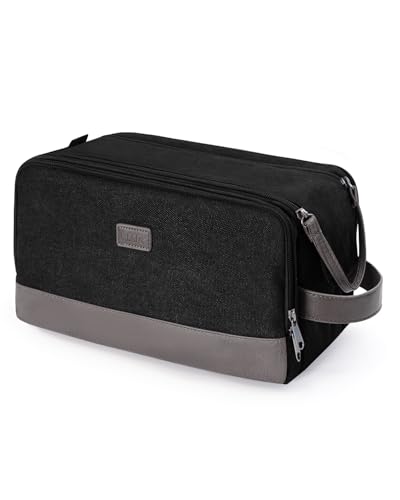 WANDF Toiletry Bag for Men Travel Toiletry Organizer Canvas and Leather Dopp Kit Water-Resistant Shaving Bag for Travel Accessories (Black, Large) - color: L, Black, size: Large