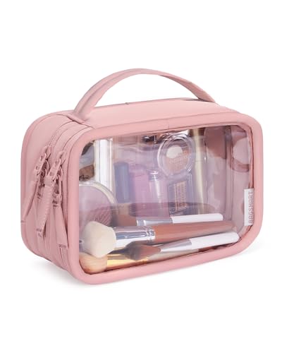 BAGSMART Double Layer Clear Makeup Bag, TSA-Approved Toiletry Bag, Large Opening with Handle, Cute Water-Resistant Travel Cosmetic Bag with Double Zipper for Car Essentials(Pink) - color: Blush Pink, size: Large