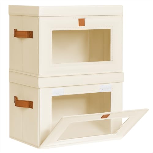 Homsorout Medium Fabric Storage bins - Collapsible Storage Bins with Open Window, 2 Pack Closet Baskets for Shelves, Stackable Decorative Boxes for Home, Dorm, Beige, 13.7"x 9.8"x 9.8" - color: Beige, size: Medium - 2 Pack