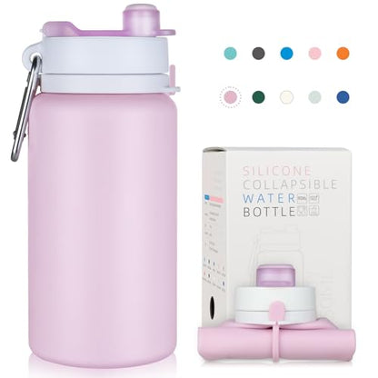 PLTCAT Collapsible Water Bottle, 19oz Foldable Bottle BPA Free Reusable Lightweight Leak-Proof Travel Silicone Water Bottle for Travel, Gym, Hiking, Office, Camping - color: Taro Purple