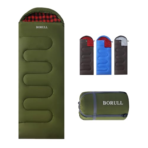 Flannel Winter Sleeping Bags for Adults Cold Weather Big Tall XL Wide Camping Sleeping Bag with Compression Sack Fits Kids Backpacking Essentials Gear for Hiking Travel Climb Outdoor Indoor - color: Arm Green(Red Plaid)