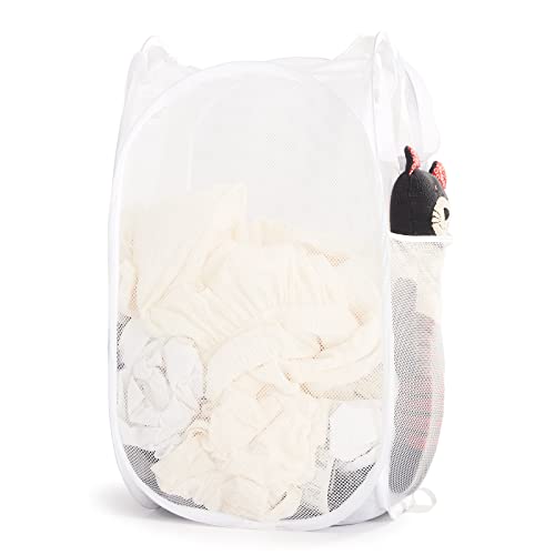 TECHMILLY Collapsible Mesh Pop Up Laundry Hamper with Sturdy Handles and Side Pocket - Portable Foldable Clothes Baskets for Dorm, Bathroom & Travel Storage (White) - color: White, size: 1 Pack