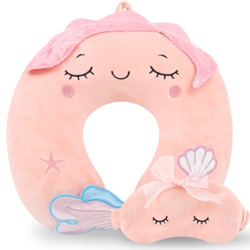 Travel Pillow, Travel Accessories for Car Airplane Traveling, Soft Memory Foam Kids Travel Pillow with Sleep Eye Mask Kids Neck Pillow for Boys & Girls - Cute Pink Mermaid - color: Cute Pink Mermaid