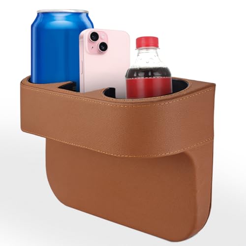 Car Cup Holder, Auto Front Seat Organizer, Multifunctional Cup Drink Holders with PU Leather Cover, Gap Filler Storage Box Coin Bucket Console Side Pocket Cell Mobile Phone Holder (Brown) - color: Brown