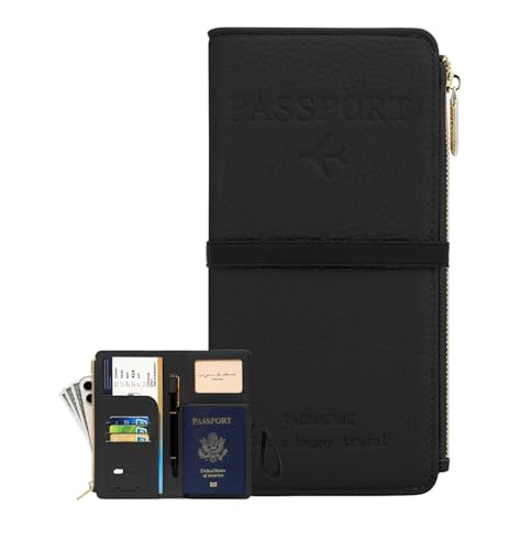 DOB SECHS Passport Holder for Travel Women Leather Passport Wallet RFID Blocking Passport Cover Case with Card Slots, Slim Travel Document Organizer Pouch Bag Zipper Cash Pocket Purse+ID Window, Black - color: Black-1